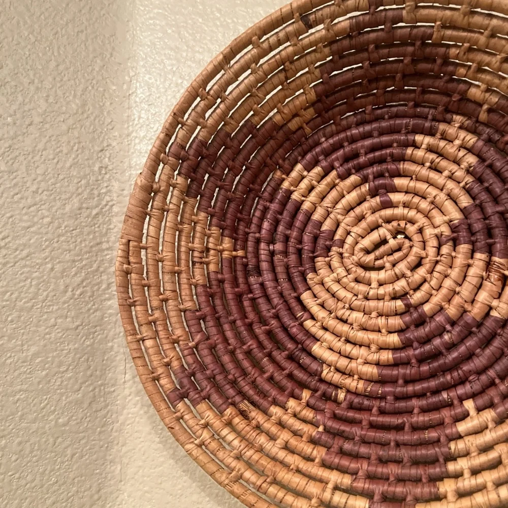 Handmade Coil Basket Bowl Flower Star Pattern Brown Tan 12 inches